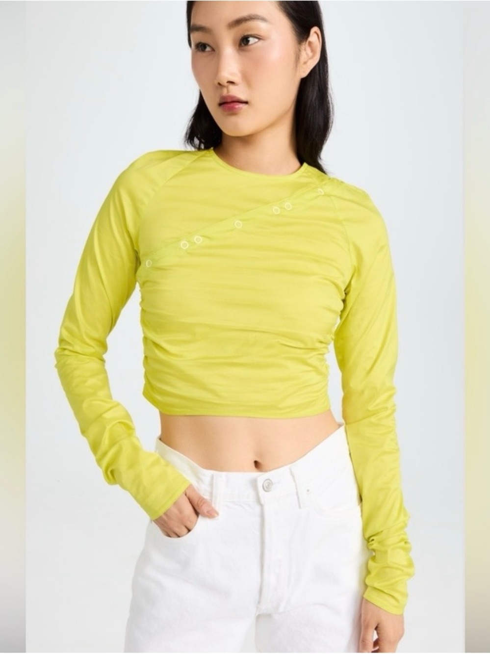 Ganni Neon Yellow Press Stud Long Sleeve Crop Top